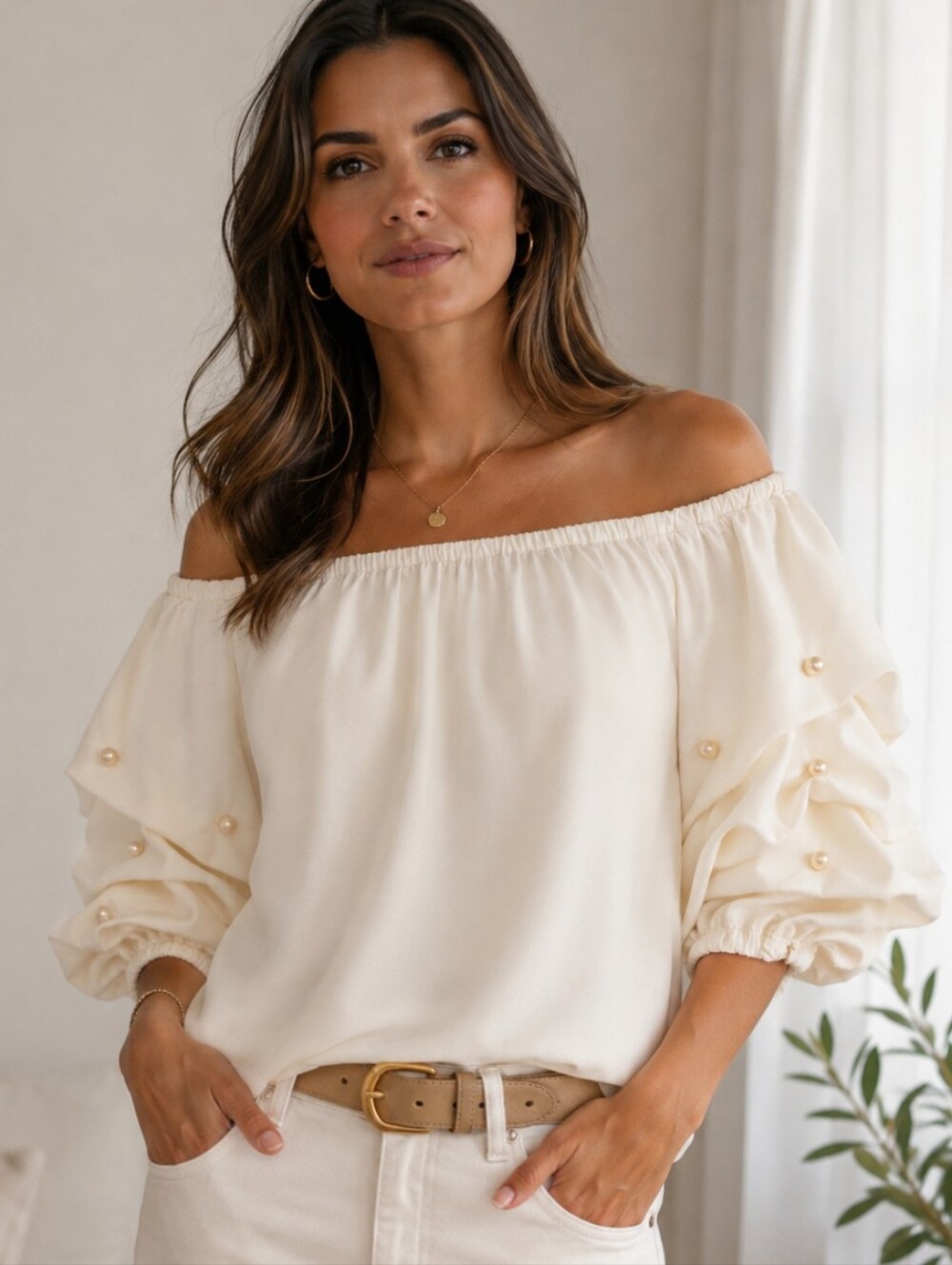 CeCe Cream Off-Shoulder Blouse with Pearl Accents